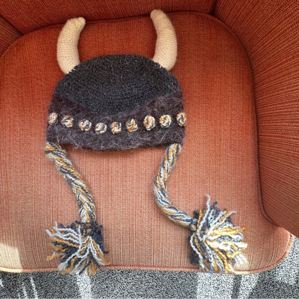 Handmade Viking Knit Hat with Horns - Black and Cream Braids